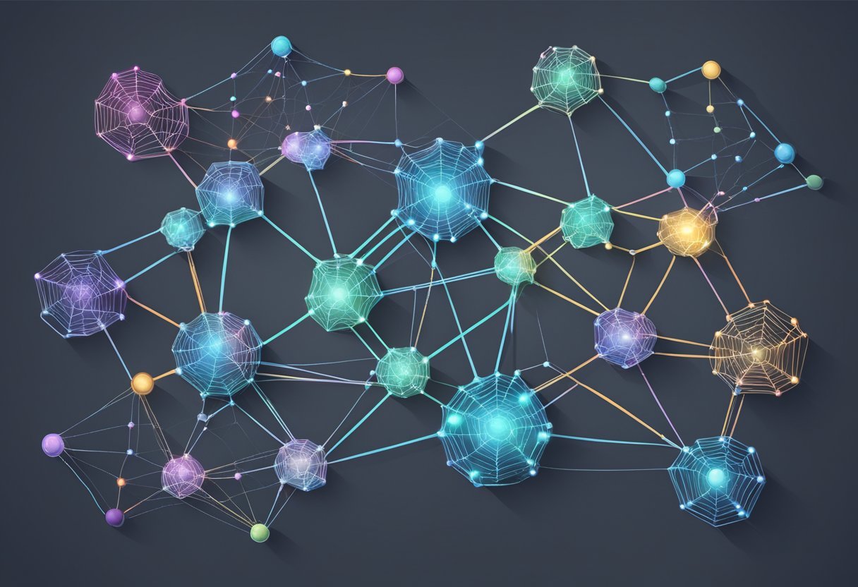 A web of interconnected nodes with varying sizes and colors, representing different content gaps and SEO analysis data